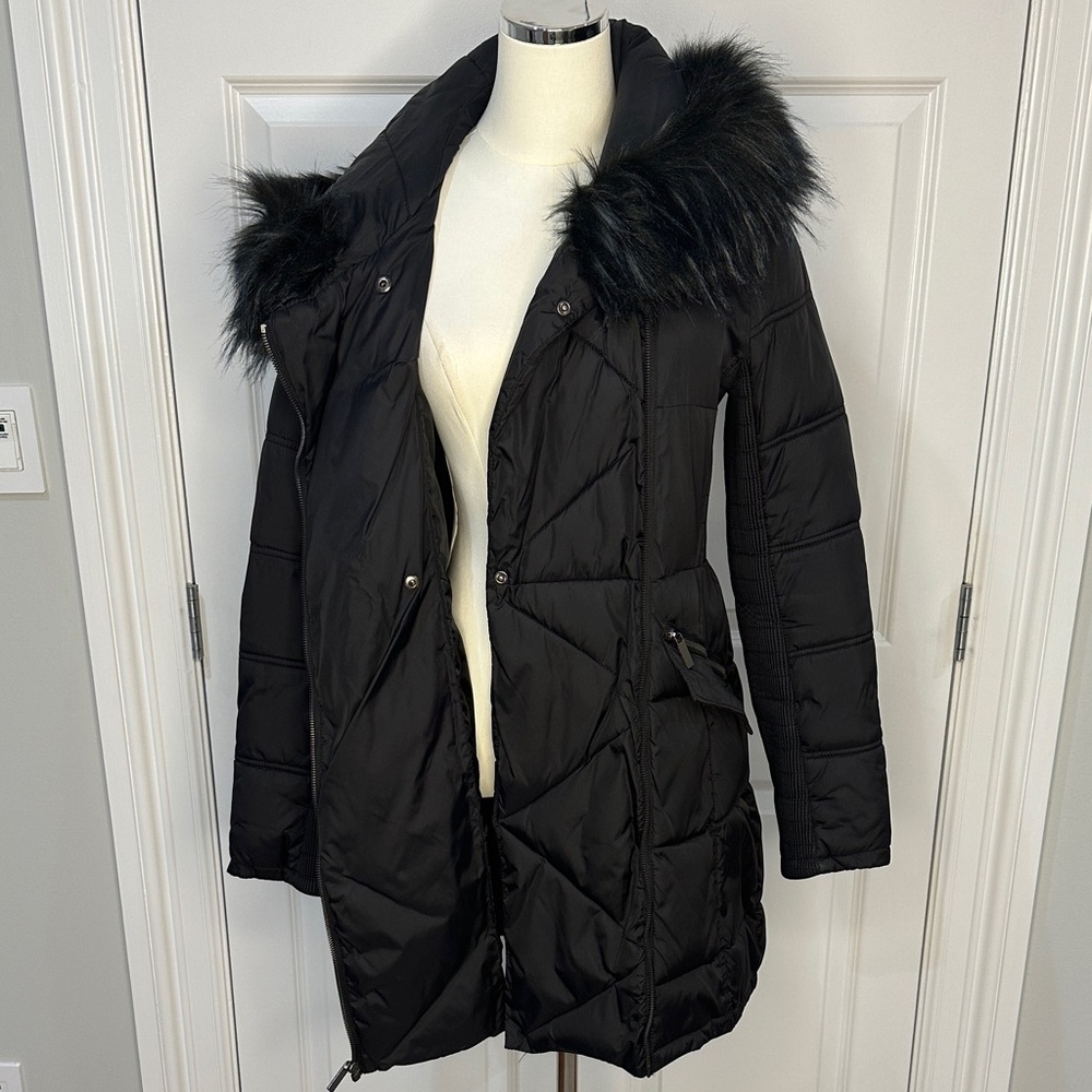 French Connection Black Asymmetric Puffer Faux Fur Trim Quilted Warm Coat Size M - Picture 12 of 16